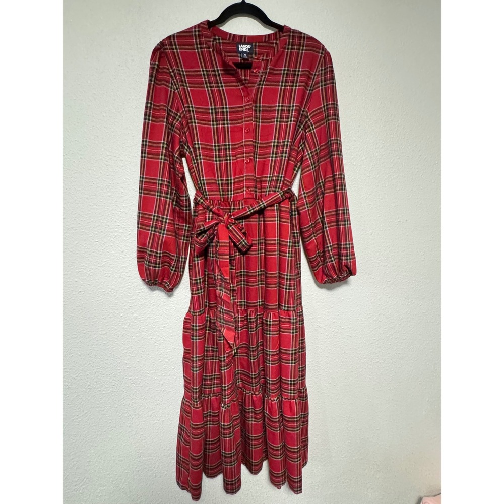 Lands End Red Plaid Tiered Midi Dress XL 16-18 Long Sleeve Belted Henley Tartan